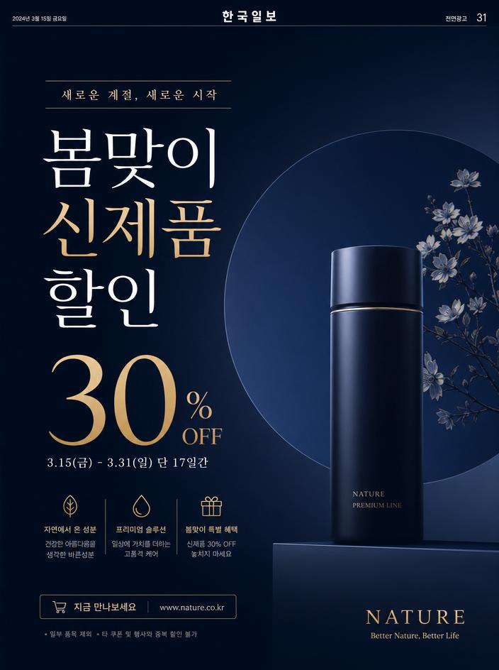 AI 광고 자동 생성 예시 — 봄맞이 신제품 할인 30% OFF
